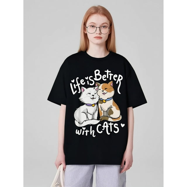 Camiseta para el Día de la Madre "La vida es mejor con los gatos" (220 g, 100 % algodón)