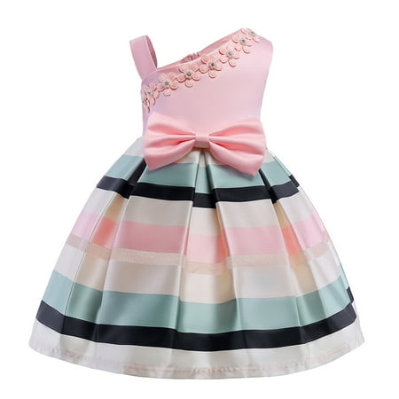 

1Pc One-piece Dress Dress One-shoulder Horizontal Stripe Dress Skirt for Child Children(Pink 130cm)