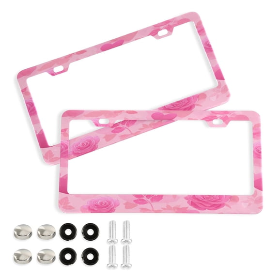 Aluminum License Plate Frame 2 Pack Car Exterior Accessory Car Tag Holder for Front Rear Plates Cars Decor Pink Hearts and Roses Pattern