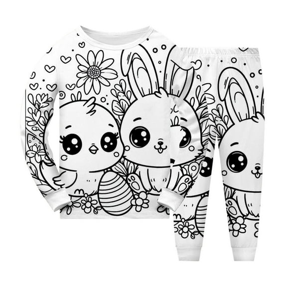 NINGMENG Toddler Girls Outfit Sets Summer Diy Hand Painted Easter Bunny Crew Neck Long Sleeve Shirt Tops And Pants Homewear Pajamas Can Play Wear Two Piece Activewear,White,2-3 Years