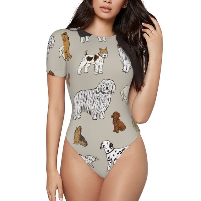 Fotbe Dog Animal Body de Mujer con Cuello Redondo y Mangas Cortas, Sin Mangas Ajustado, Suave, Cómodo y Básico-XX-Large