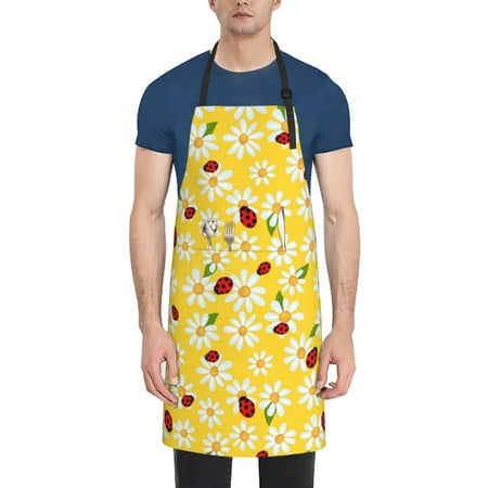 

Lukts Chamomile And Ladybug Pattern Kitchen Cooking Aprons Adjustable Bib Soft Chef Apron with 2 Pockets for Men Women