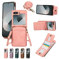 for Samsung Galaxy Z Flip 5 Wallet Case with Shoulder Lanyard Strap, Crossbody Phone Case with Card Holder Slots for Women Girls, Luxury PU Leather Flip Stand Purse Cover Shockproof Case, Pink