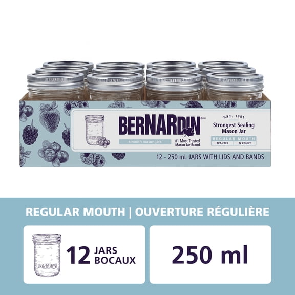 Bernardin Smooth-Sided Mason Jars, Regular Mouth, 250 mL, 12 Count