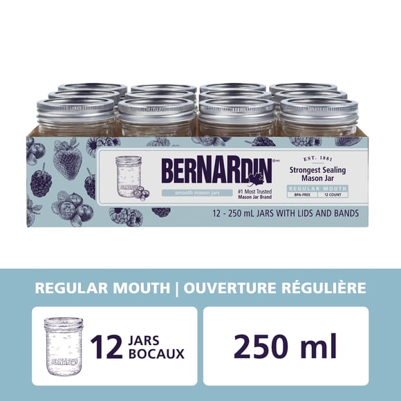 Bocaux lisses Bernardin à ouverture régulière, 250 ml, 12 unités