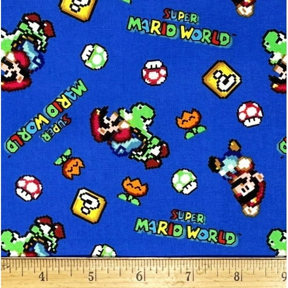 1 Fat Quarter - Mario Brothers Marioworld Retro Video Game on Blue Cotton Fabric - 18" X 21"