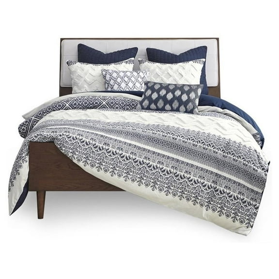 Pemberly Row 3-Piece Farmhouse Cotton Printed Comforter Set w/ Chenille in Navy