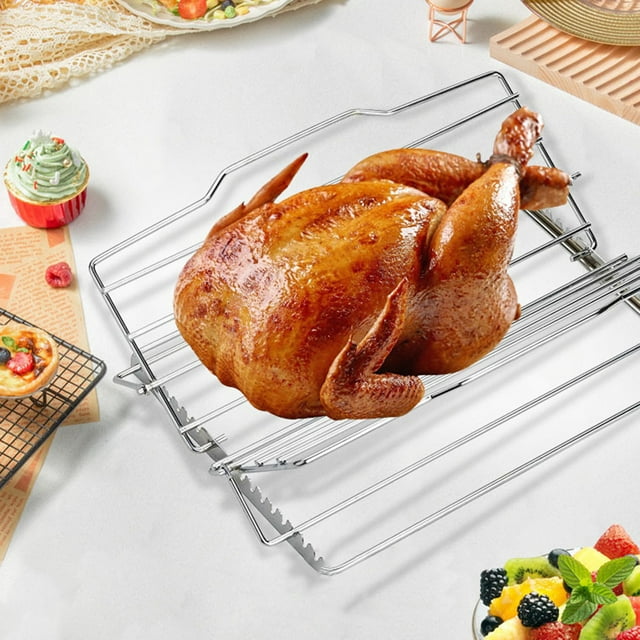 YAOMOBB V-Shaped Turkey Roasting Stand Adjustable Chicken Roasting Rack Stainless Steel Foldable V Shaped Turkey Roasting Stand for Cooking