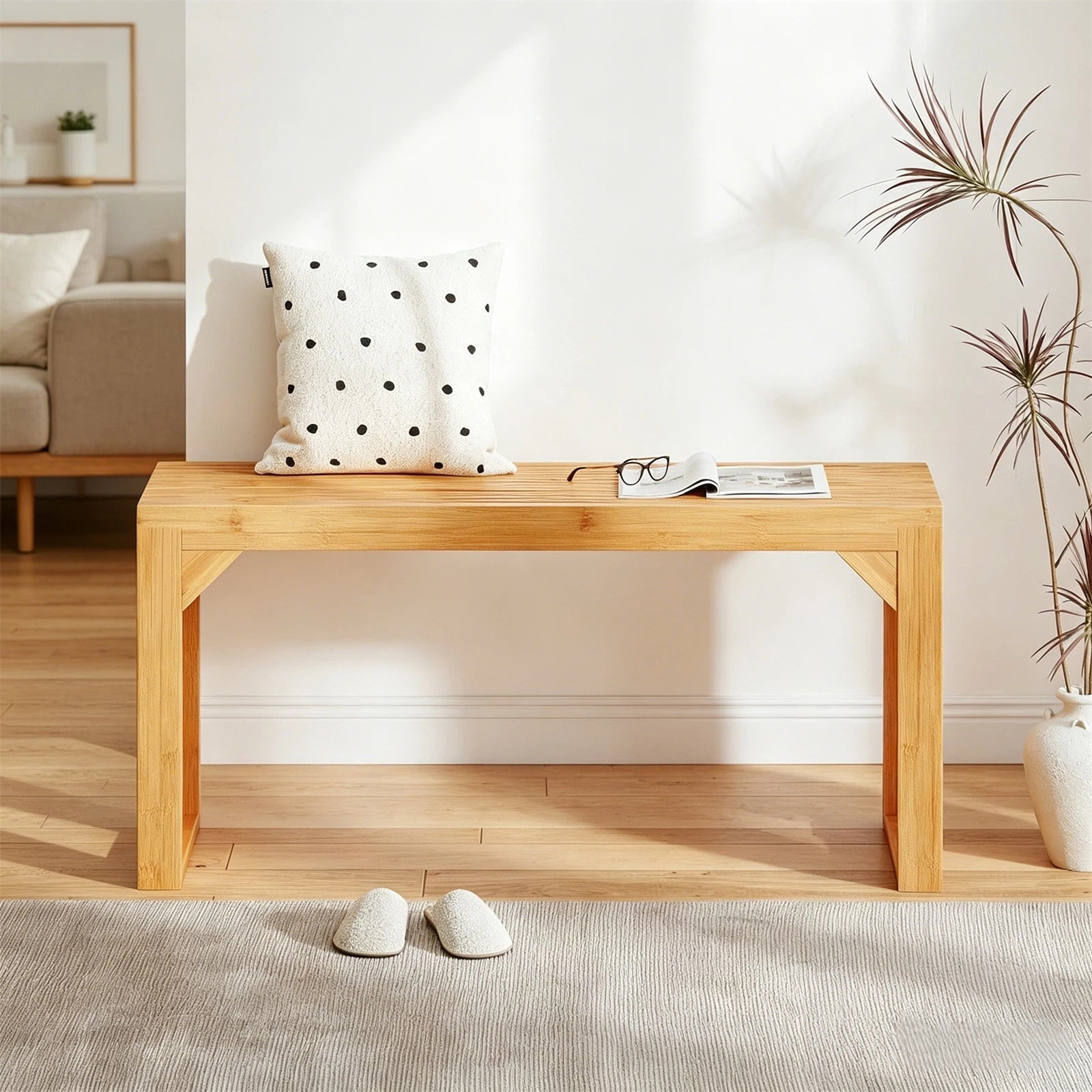 Hommoo Modern Bamboo Dining Bench Long Entryway Bench, Solid Wood Bench, Natural