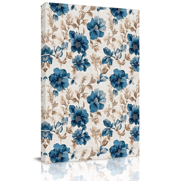 Canvas Wall Art Blue Floral Canvas Art Print Vintage Flower Botanical Brown Leaves Classic Pictures Wall Decor for Living Room Bedroom Artwork Decorations Stretched Framed Ready to Hang 18"x24"