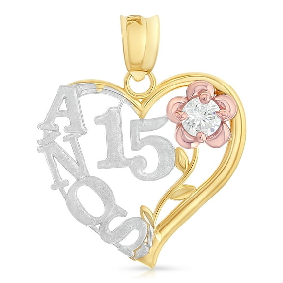 Ioka-14K Tri Color Gold Sweet 15 Years Quinceanera Heart Charm Pendant For Necklace or Chain