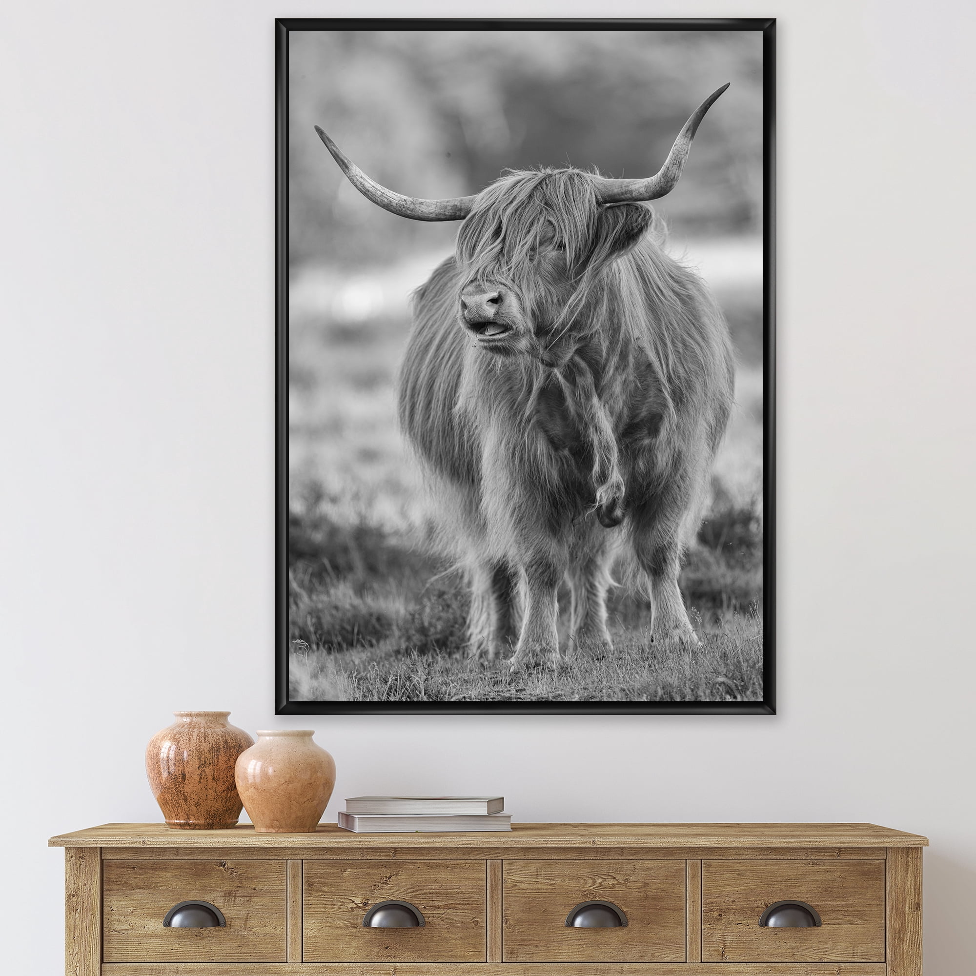 Close Up View of Monochrome Bull 16 in x 32 in Framed Photography Canvas Art Print, by Designart