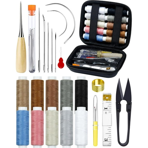 47Pcs Leather Craft Sewing Kit, EEEkit Leather Repair Upholstery Sewing Kit 10 Colors Waxed Thread Sewing Needles Awl