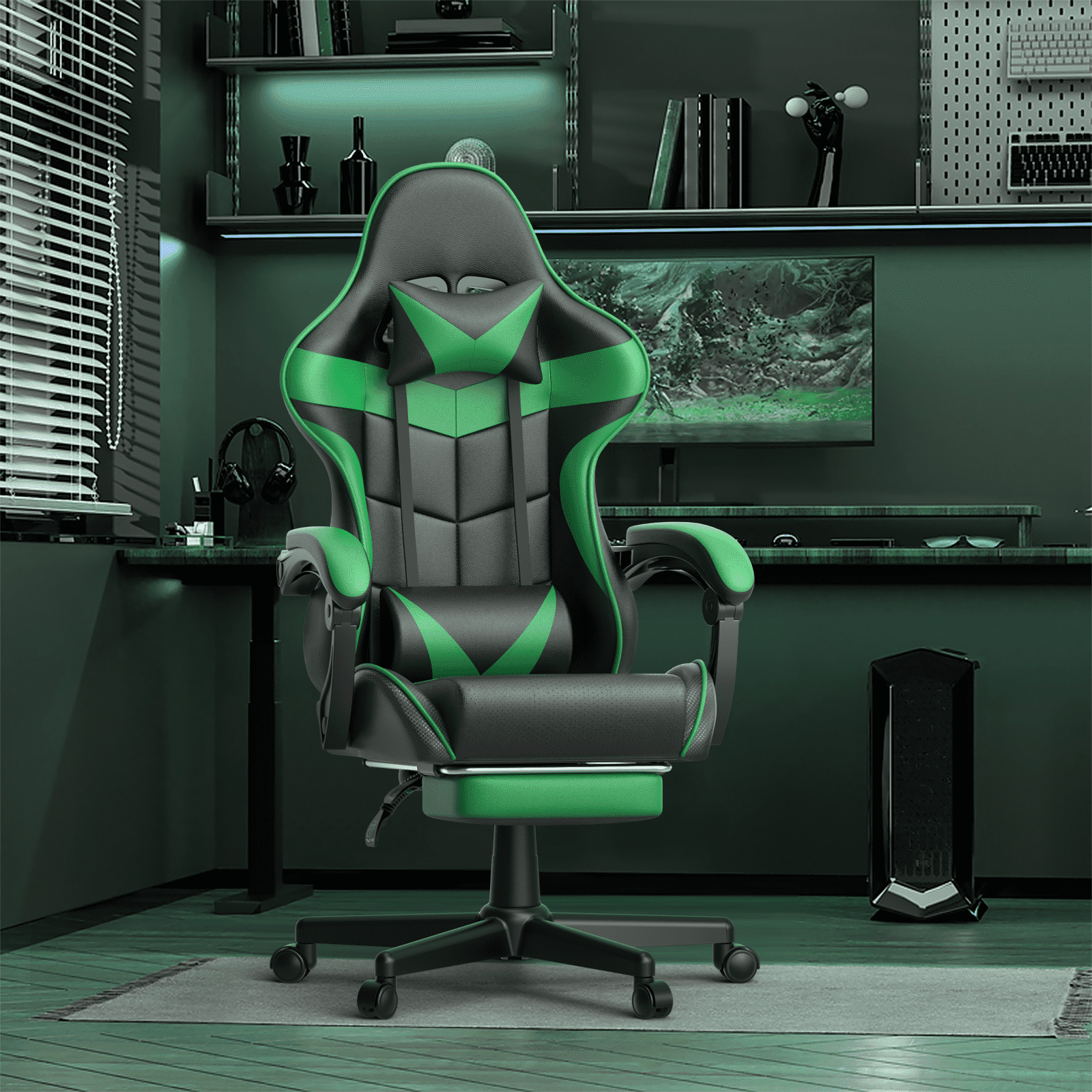 Soontrans Gaming Chair with Footrest, Ergonomic Swivel Computer Game Chair, Gamer Chair with Headrest & Massage Lumbar Support, Office Desk Chairs, Green