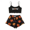 thumbnail image 2 of Halloween Pajamas for Women Set Print Lettuce Trim Top and Shorts Cute Funny Skeleton Pajama Sets Sleepwear, 2 of 5