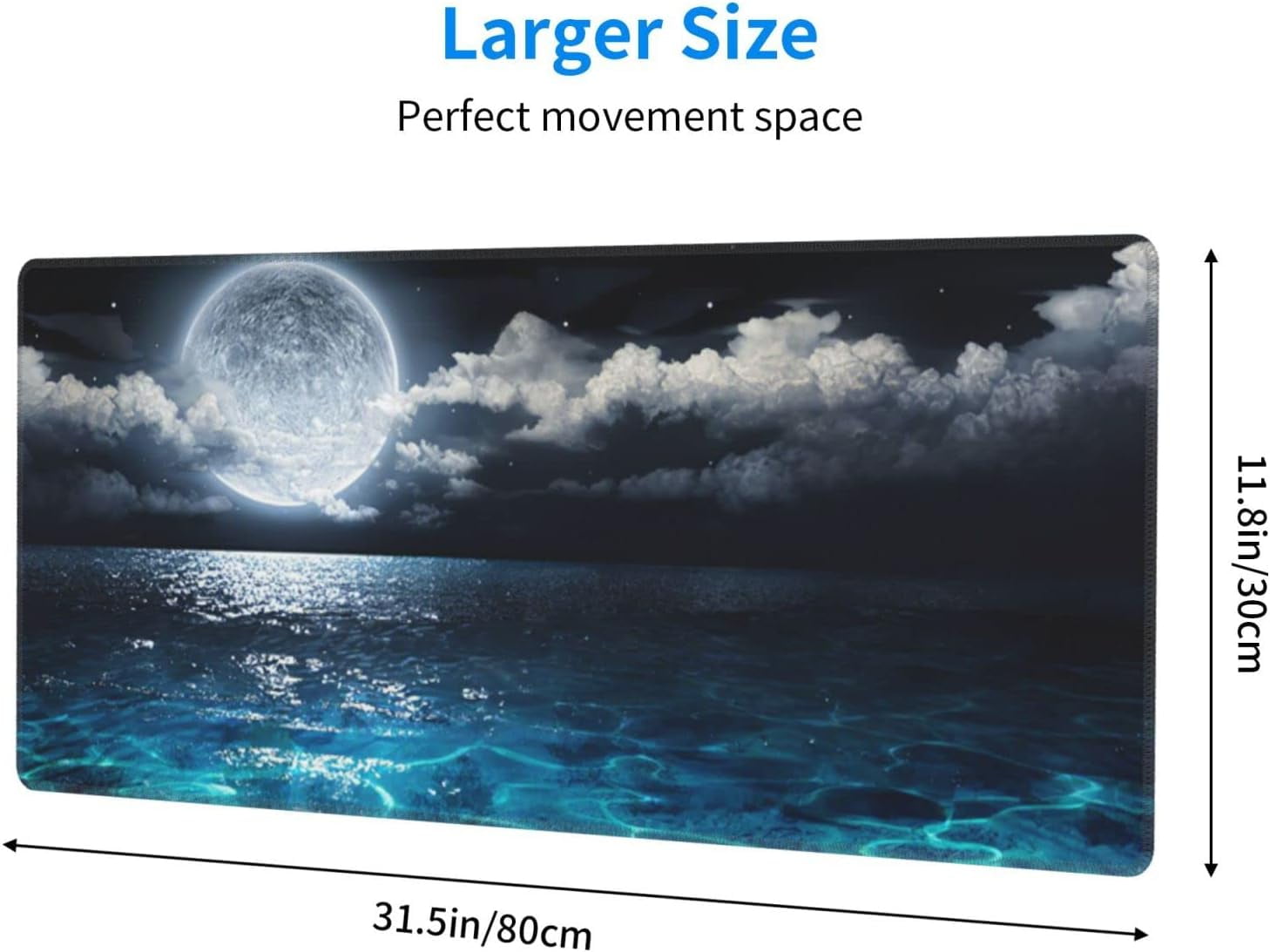 Blue Clear Ocean Moon Mouse Pad XL Extended Desk Mat, Non Slip Rubber Base Stitched Edge Gaming Pc Desktop Large Mice Pad,31.5 x 11.8 Inch