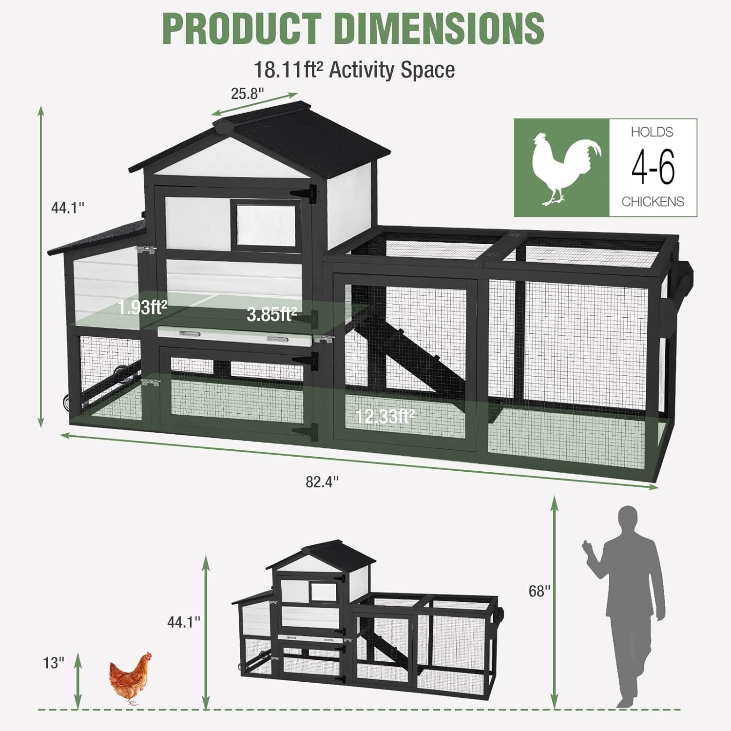 Aivituvin Mobile Chicken Coop with Wheels, 82.4" L Large Outdoor Hen House with Run Nesting Box for 4-6 Chickens, Weatherproof Chicken House Black