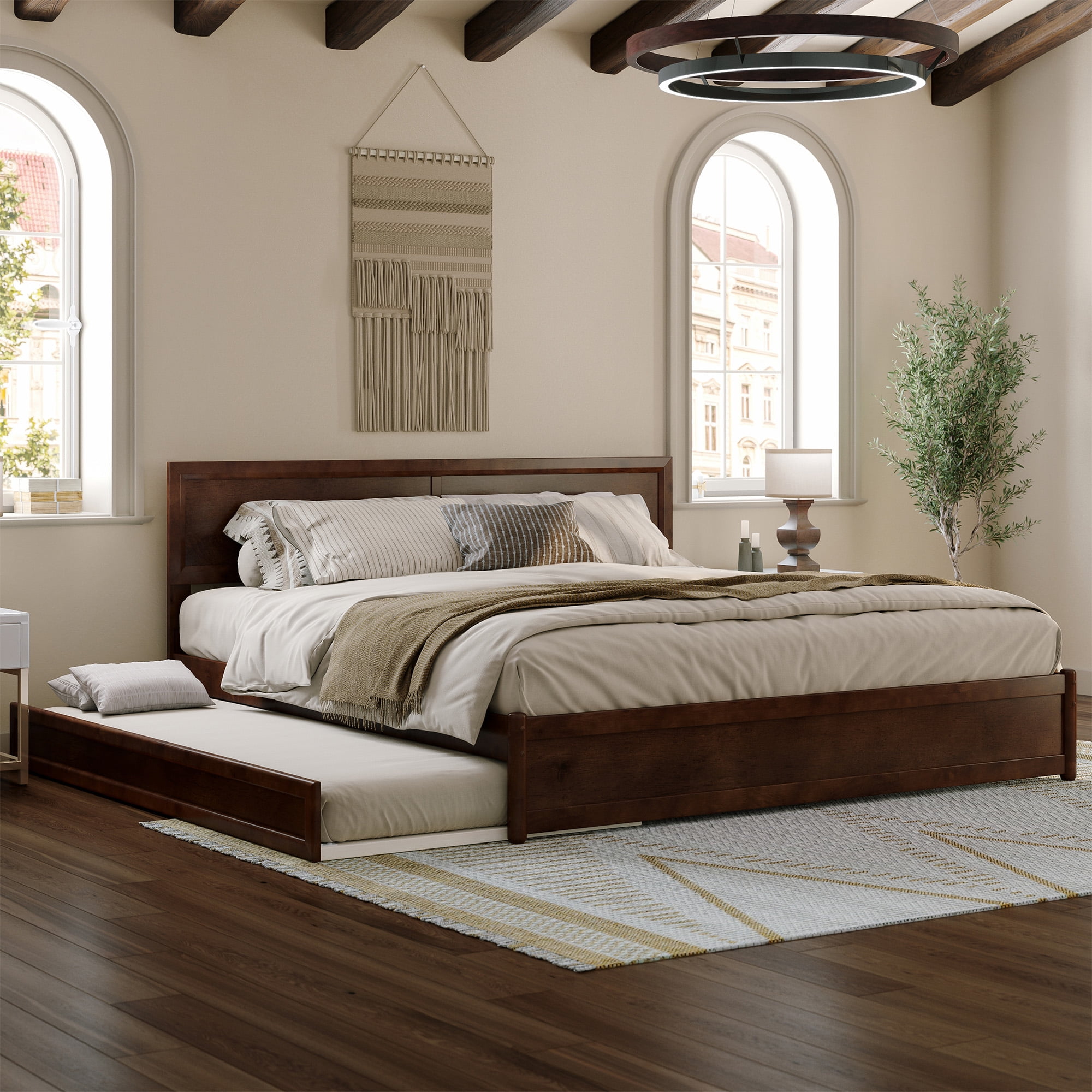 AFI Lylah King Wood Platform Bed with Panel Footboard and Twin XL Trundle, Walnut