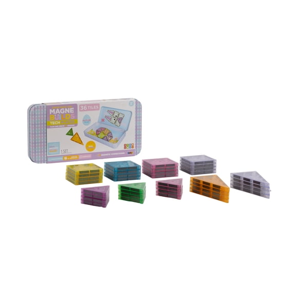 RMS MagneBuild 36 Piece Magnetic Tiles Travel Case Set Building Blocks – Bunny Themed (Includes Glitter Tiles)