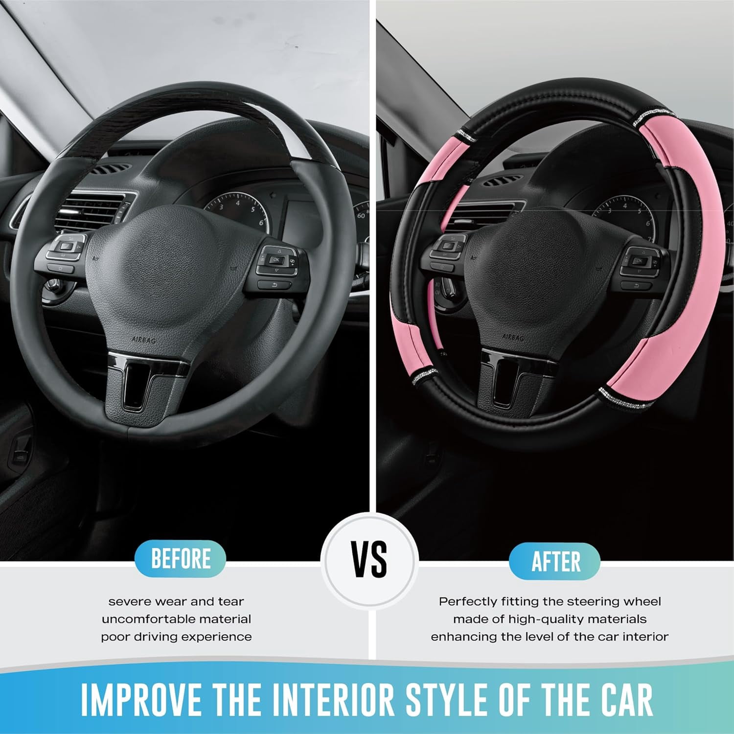 Leather Steering Wheel Cover - Made with PVC Leather - Anti-Slip, Universal Fit 14 1/2 inches to 15 inches - Pink
