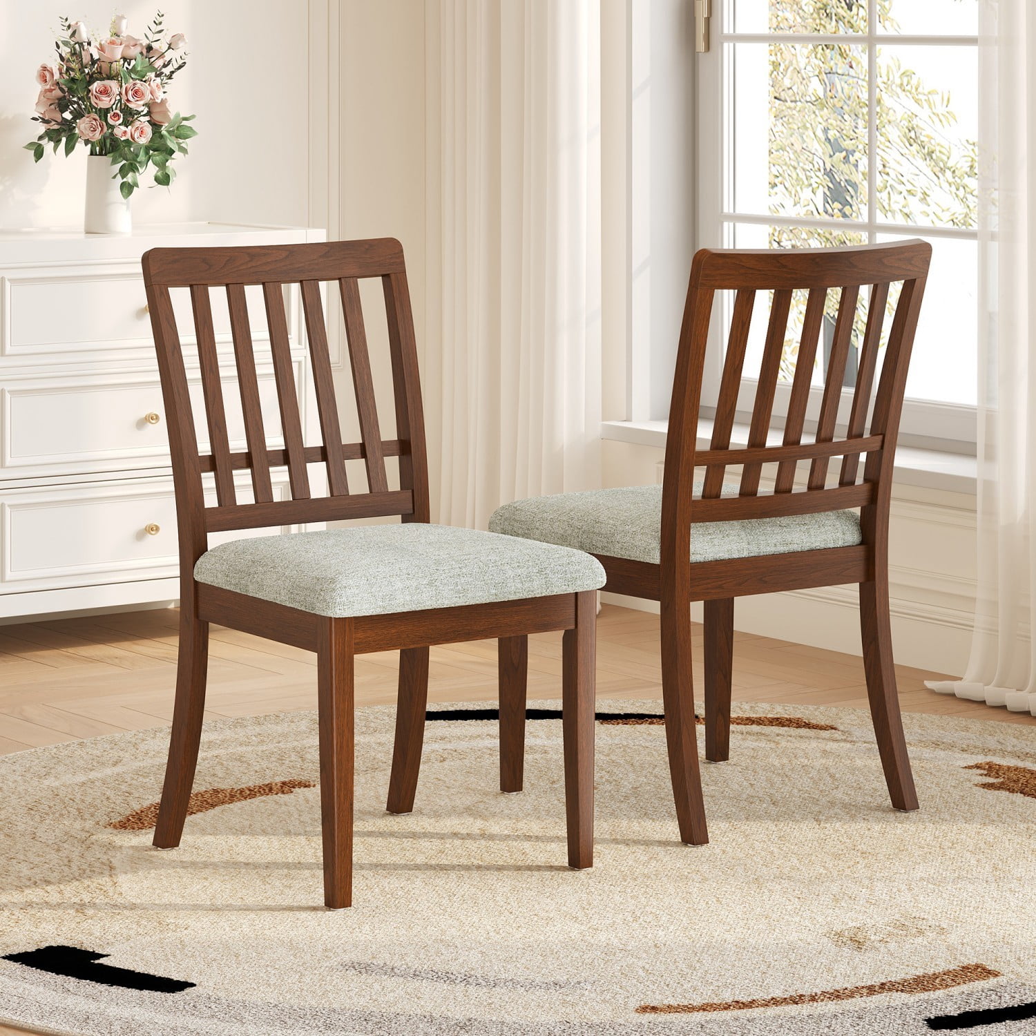 Modern Scandinavian Dining Chairs Set of 2 Curved Wood Backrest Fabric Seat Rubber Wood Frame Kitchen Chairs for Dining Room Apartment, Brown