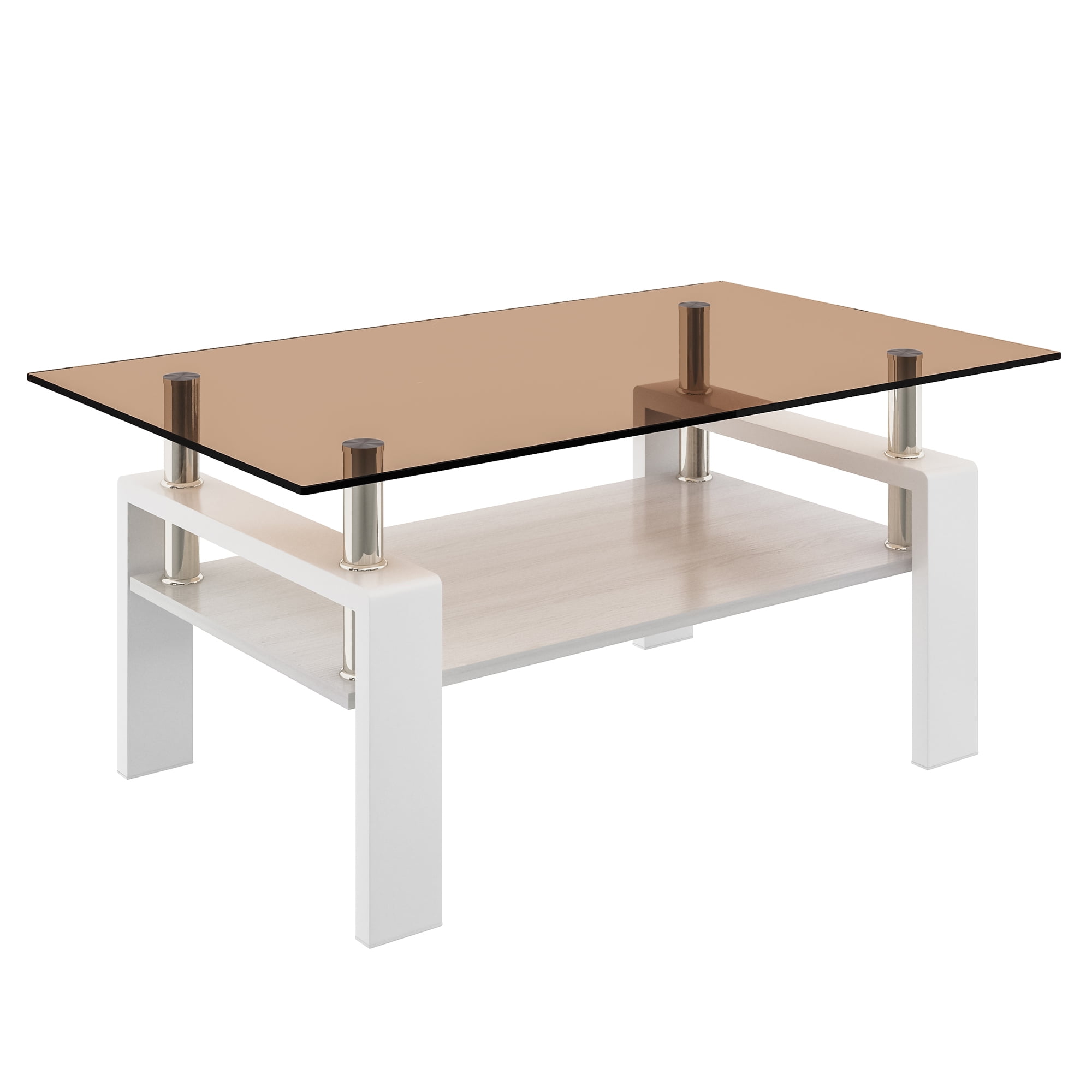 MAYEERTY Rectangle Coffee Table with Brown Tempered Glass & MDF Shelf