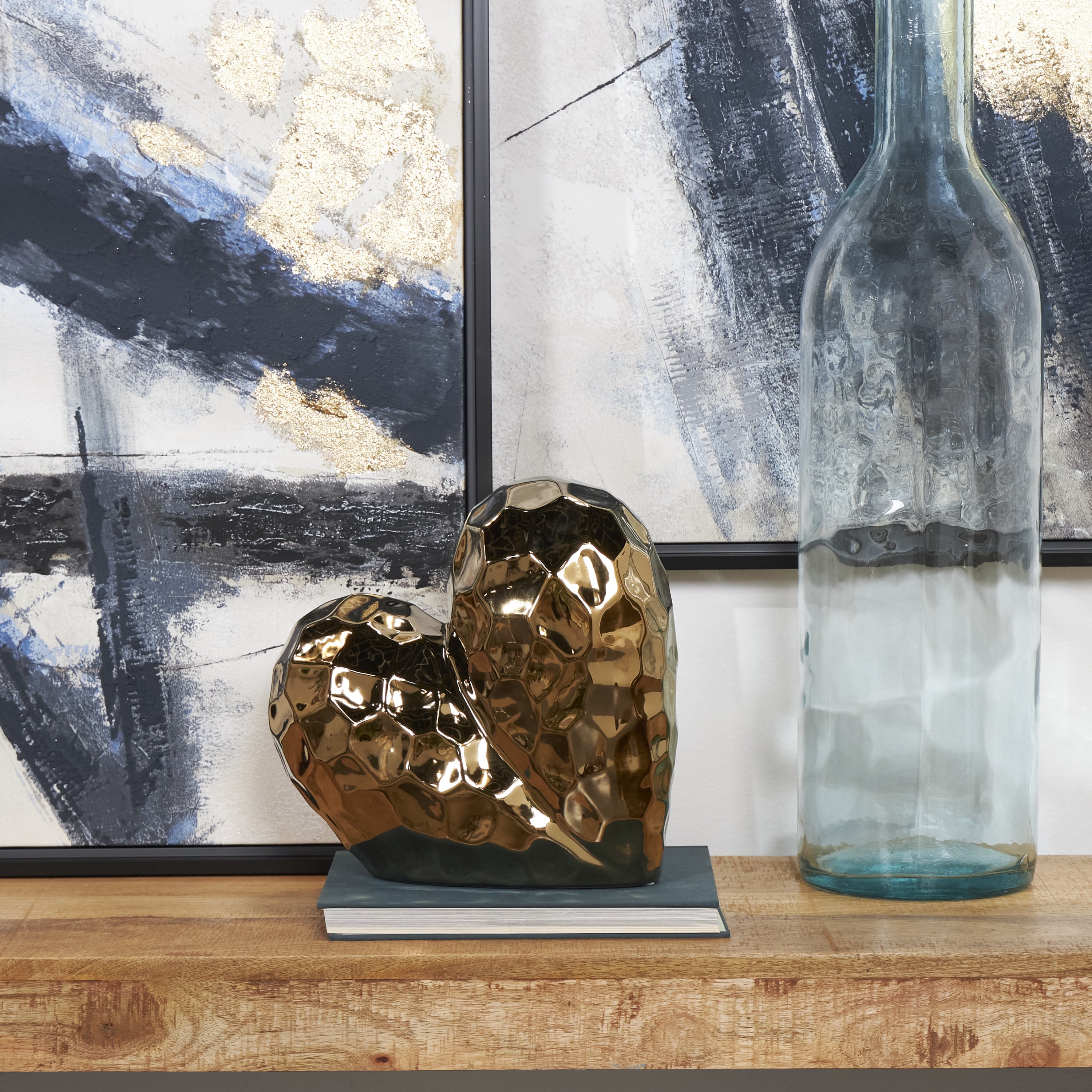11" x 11" Rose Gold Ceramic Dimensional Angled Origami Inspired Heart Sculpture with Faceted Exterior, by DecMode