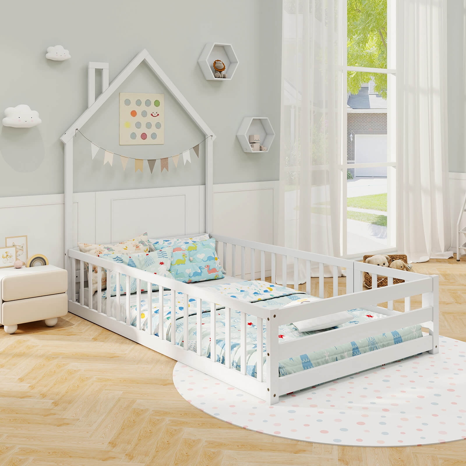Costway Twin Size Montessori Floor Bed for Toddler with Lockable Door Full-Length Guardrail White