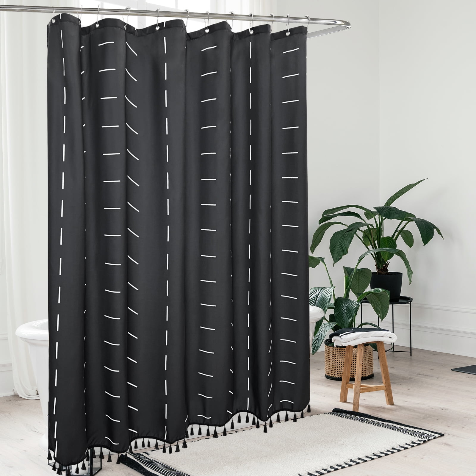 Black Boho Shower Curtain Tassel Striped Polyester Bathroom Shower