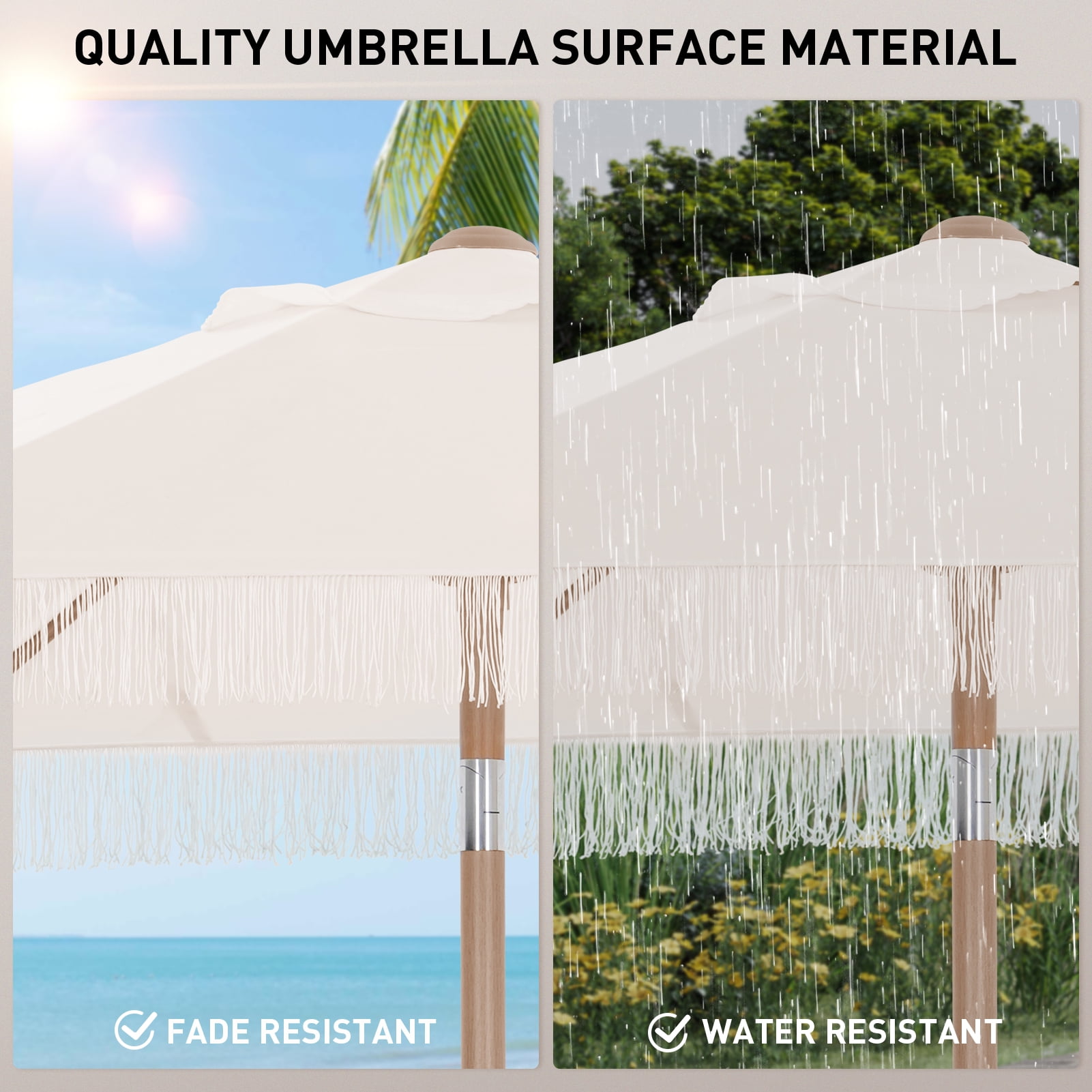 Autlaycil 7.5 ft Fringe Patio Umbrella, Outdoor Table Tassels Umbrella with Push Button Tilt and Crank - Beige