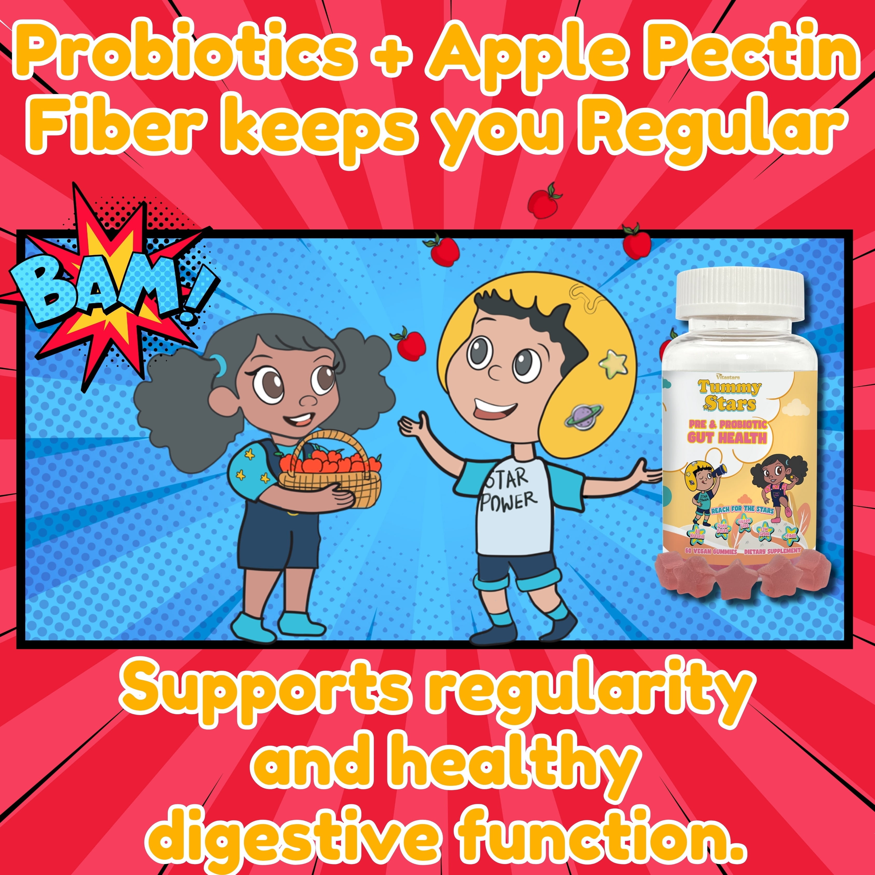 Tummy Stars Kids Prebiotic & Probiotic Gummies + Fiber – Gut Health & Digestion Support for Kids | Promotes Regularity, Detox Support & Mood Support | Vegan, 60 Count