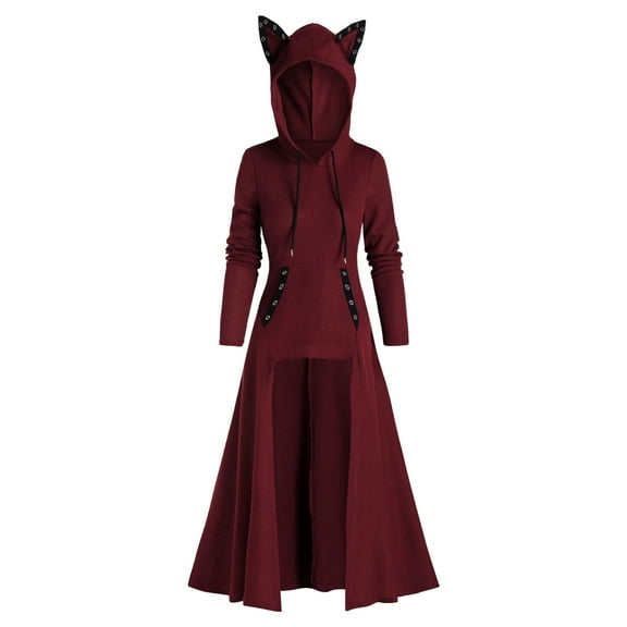 Womens Cat Ears Hooded Plus Size Vintage Cloak High Low Sweatshirt Drawstring Tunic Hoodies