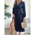 thumbnail image 6 of Women'S Polka Dot Wrap V Neck Belt Long Sleeve Pleated Maxi Dress Flowy Casual Long Dress Navy Blue M, 6 of 8