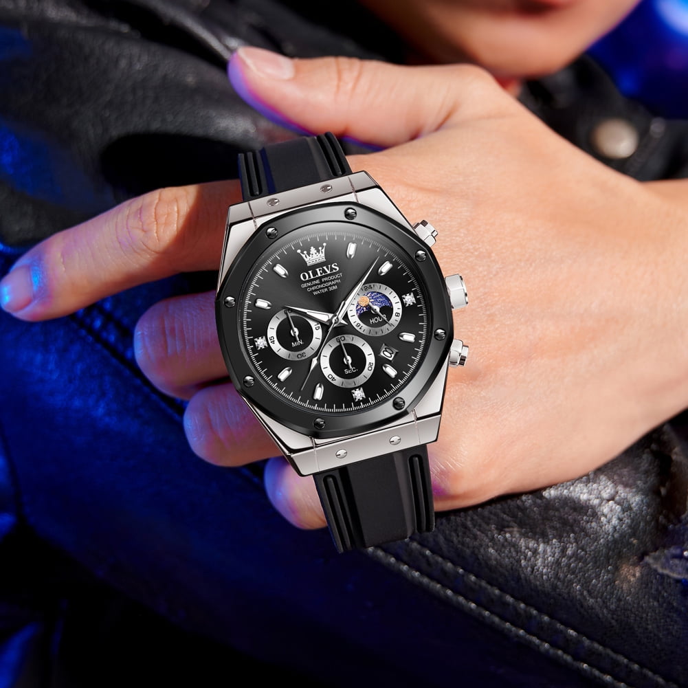 OLEVS Watches for Men Chronograph Waterproof Luxury Dress Quartz Silicon Strap Multifunction Moon Phase Business Calendar Luminous Men Wrist Watches Reloj Para Hombre Gray/Black/White