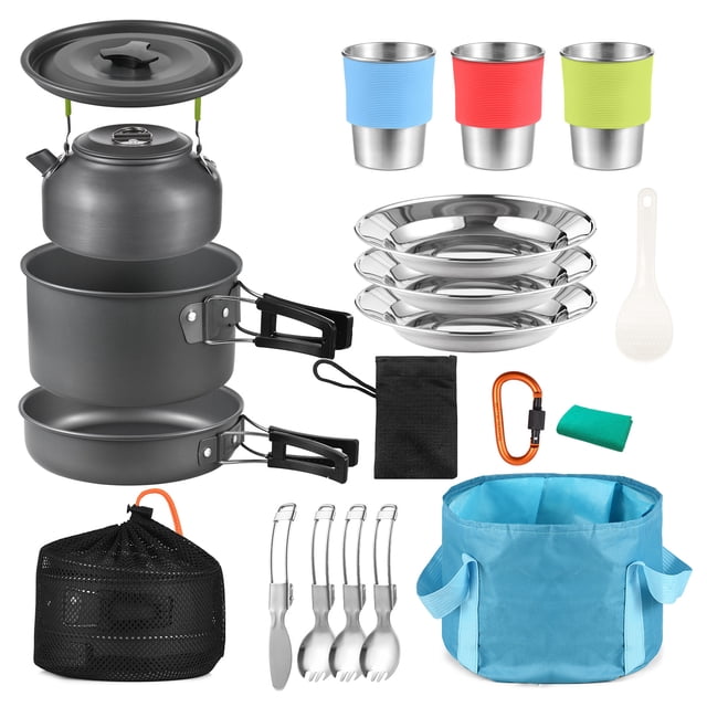 Establecimiento utensilios para acampar conjunto de cocción 3 personas 22 piezas pot de campamento y sartén cocina para acampar al aire libre mochilero con mochila con bolsas de