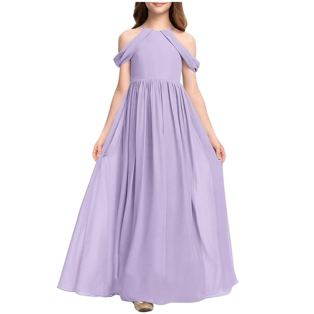 Ashirexll Robes Filles Sans Manches Col Rond Couleur Unie Robe en Tissu Chiffon Longueur Longue Bleu Foncé 4-5 Ans