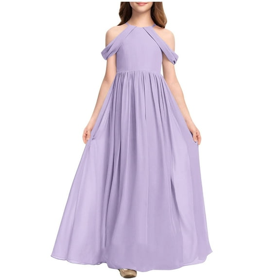 Girls Bridesmaid Dresses Cold Shoulder A-line Flowy Long Dress Fashion Solid Color Party Pageant Gown for 3-15 Years