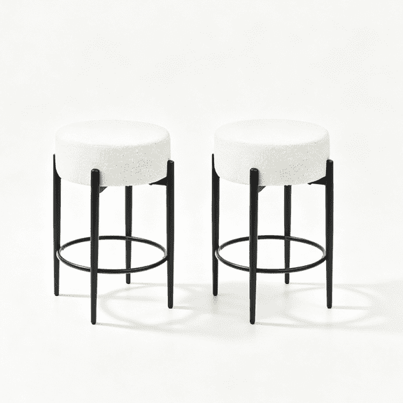Skandiquip Set of 2 24" Backless Counter Bar Stools, Boucle Padded Round Seat Metal Base, White