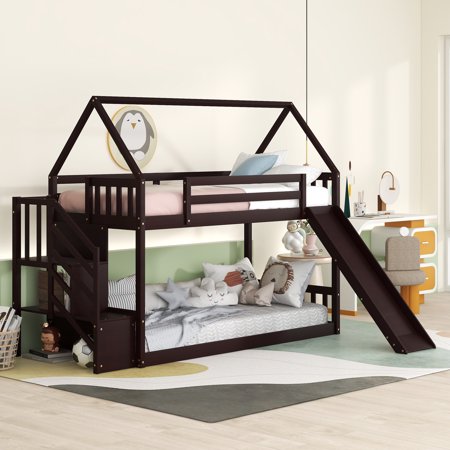House Bunk Bed with Slide and Storage Staircase, Wood Floor Twin Over Twin Bunk Bed for Kids Toddler Boys & Girls,Espresso