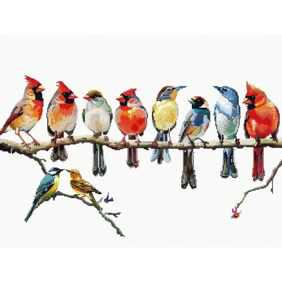A Row of Colorful Birds Perched on Branches DIY 11CT Stamped Cross Stitch Kits for Beginners Easy Needlepoint Embroidery Counted Cross Stitch Art Craft for Wall Decoration 12x16inch(10)