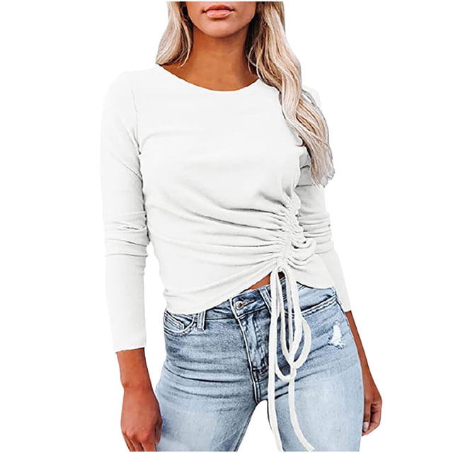 Pompotops Hauts Décontractés à Manches Longues Col Rond Couleur Unie Mode avec Cordon de Serrage pour Femmes
