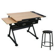 HomGarden Wood Drafting Desk Drawing Table Art Craft Station Tiltable W/ Stool & Drawer