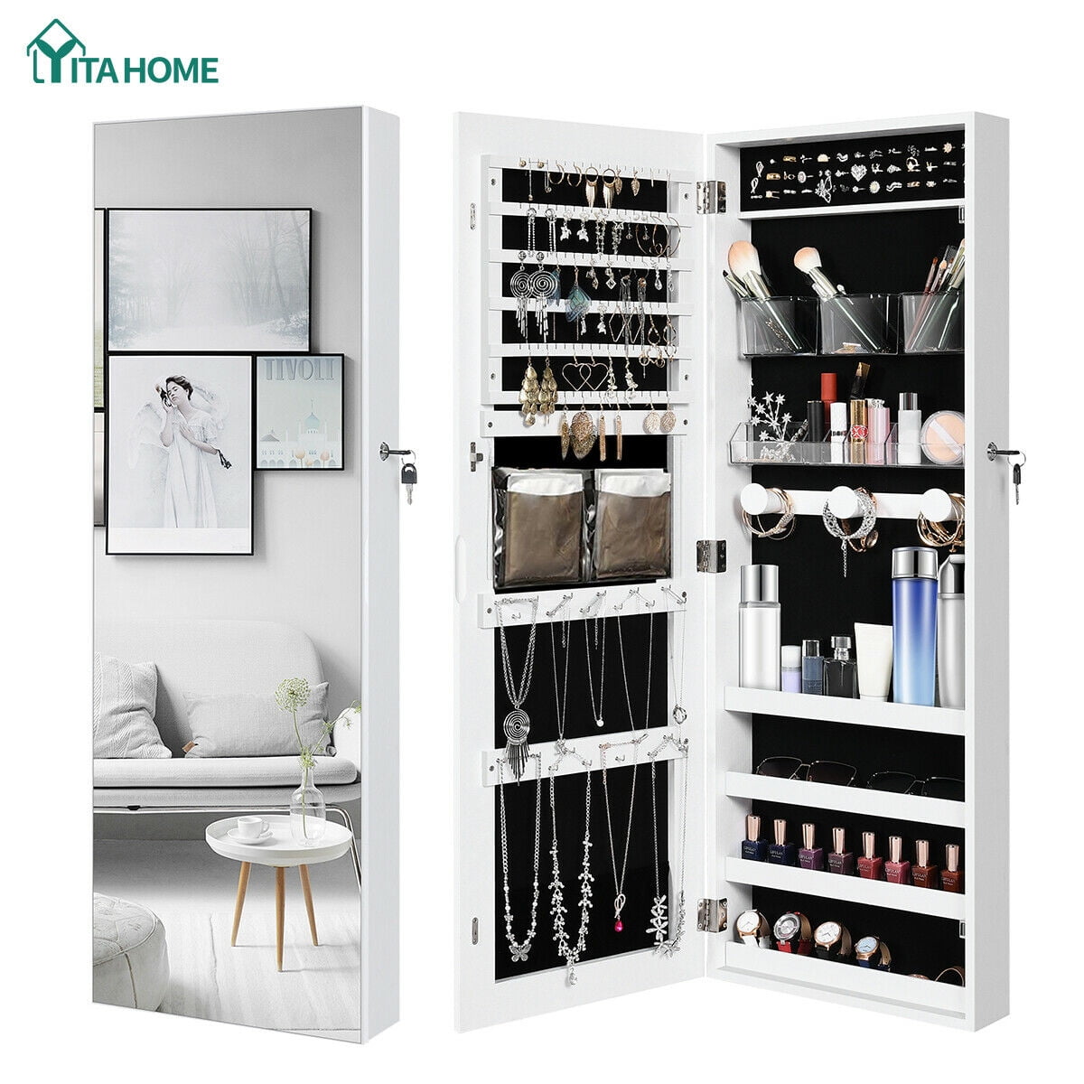 Jewelry Cabinet Wall Door Mounted Armoire Large Box Organizer with Mirror 