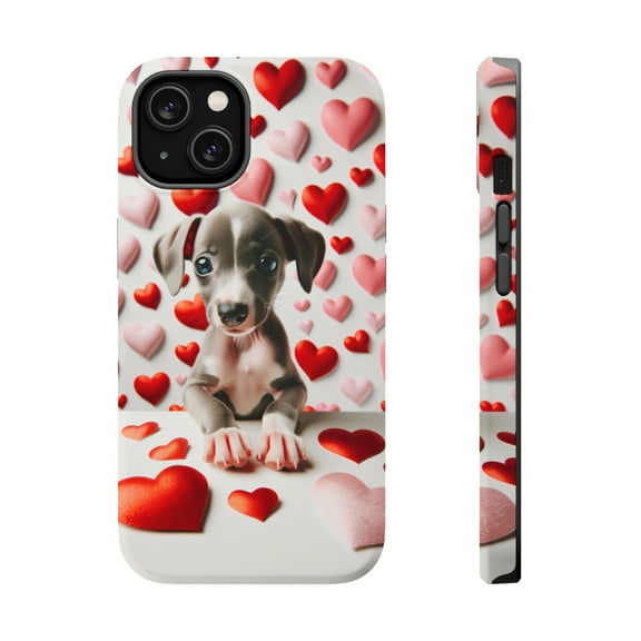 DistinctInk Tough Case for Apple iPhone 15 (6.1" Screen), Compatible with MagSafe Charging - Valentine's Day Italian Greyhound Puppy