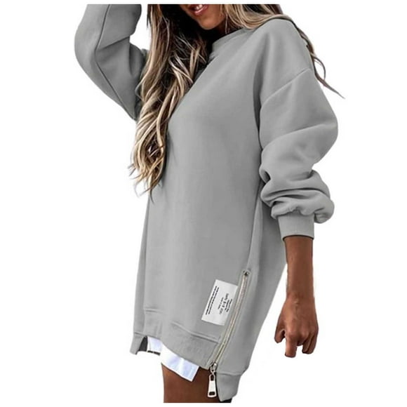 Aocisk S S Robe à Capuche Mode pour Femmes Col Rond avec Fermeture Éclair Détail Manches Longues Chandail Décontracté Style Urbain pour Amateurs de Mode Gri