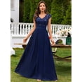 thumbnail image 4 of Blue V-Neck Sequin Lace Short Sleeve A-Line Evening Gown, 4 of 28