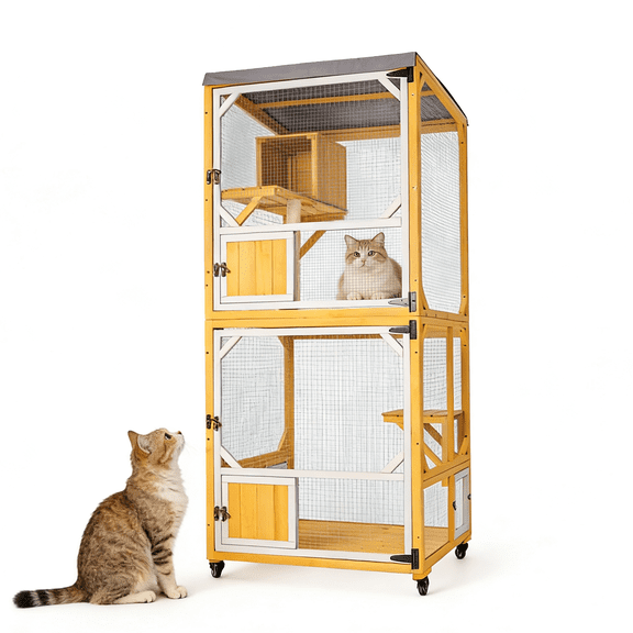 Cat House Outdoor Catio Cat Enclosures, Indoor Cat Cage Condo Detachable Window with 3 Platforms Waterproof Roof and Resting House for Patio