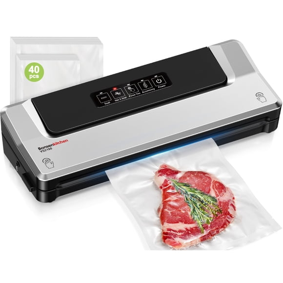 Bonsenkitchen Vacuum Sealer Machine with 40 Bags | Compact Food Sealer for Kitchen Storage & Meal Prep | Multiple Modes | External Vacuum System, Sil