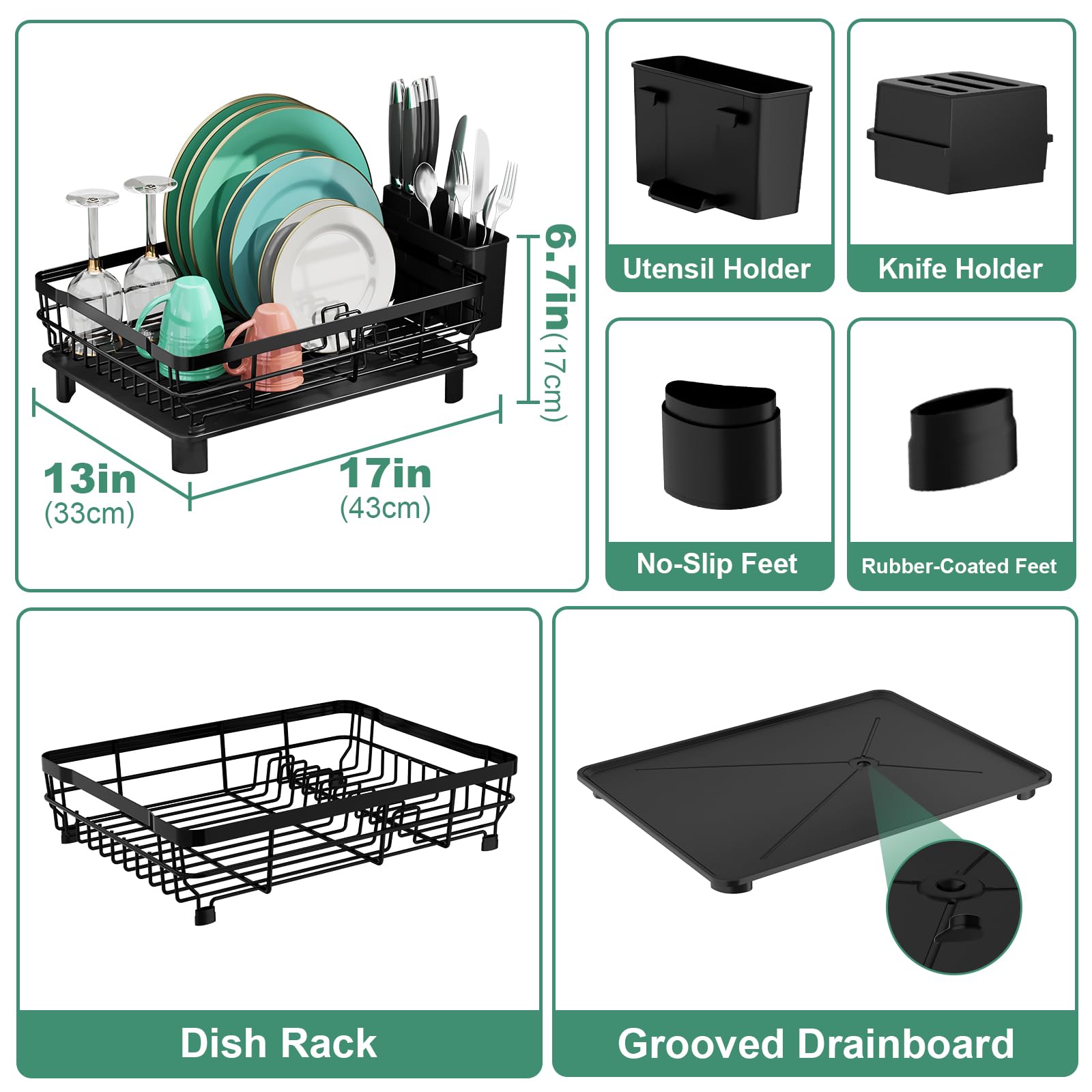 Dish Drying Rack  Stainless Steel Racks For Kitchen Counter Drainer With Removable Utensil Holder Drainboard (black 13''w X 17''l)