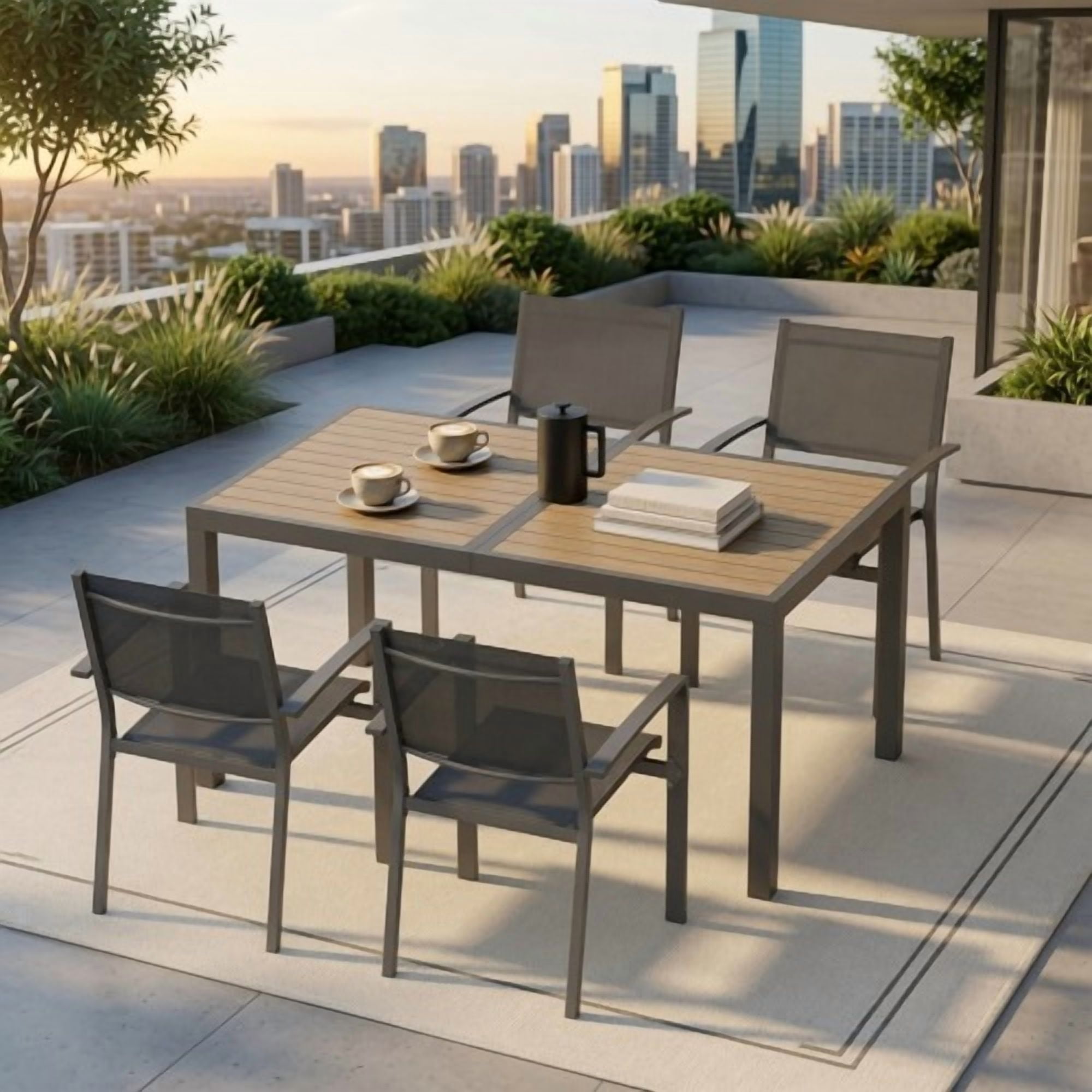 59" Grey Aluminum Heavy-Duty Rectangular Outdoor Patio Dining Table with All-Weather HDPS Slatted Top & Rust-Resistant Frame